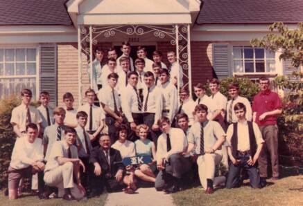 Phi Kappa taken in spring '64.  Ed Huntzicker and I are in the back row in front of the door.  Ken Billings (WSHS '66) is fifth from right of first group standing on the ground (guy in red shirt being first), and Hal Lane (WSHS '66), son of Mrs. Lane the music teacher, is fourth from right, next to Billings. 